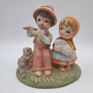 ​Vtg Porcelain Figurine - Boy Playing Flute & Girl with Rabbit - Pastoral Decor